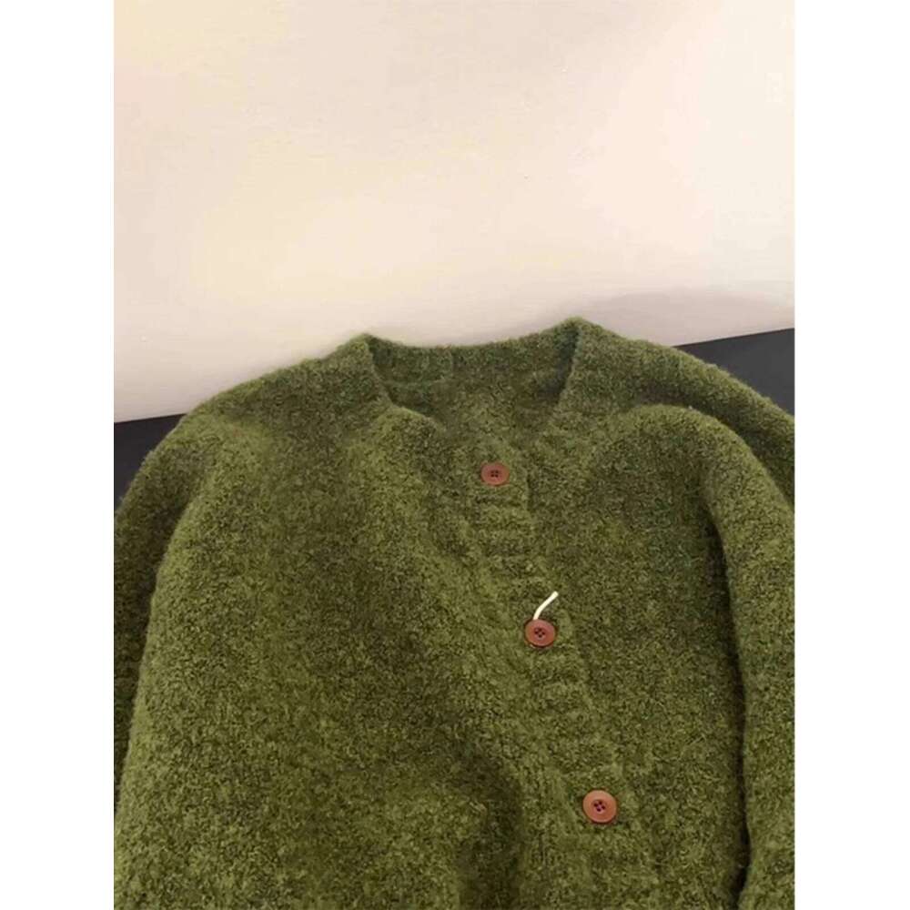 Women Retro Green Knitted Cardigan Coat Spring Autumn Thick High End Soft Style Sweater Loose Korean O-Neck Single Breasted Top Z260313