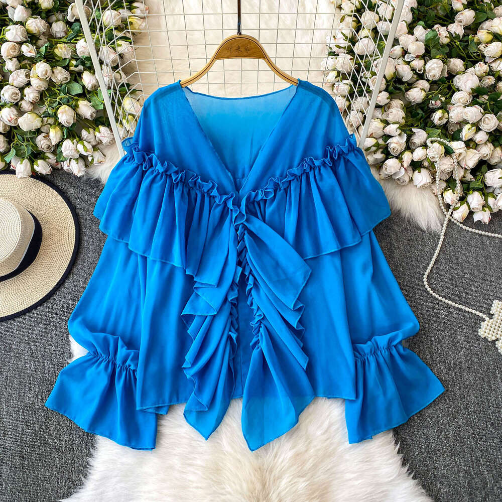 White V-neck bell shaped sleeve sunscreen wrinkle resistant chiffon women's shirt 2026 summer elegant loose fit with ruffled details