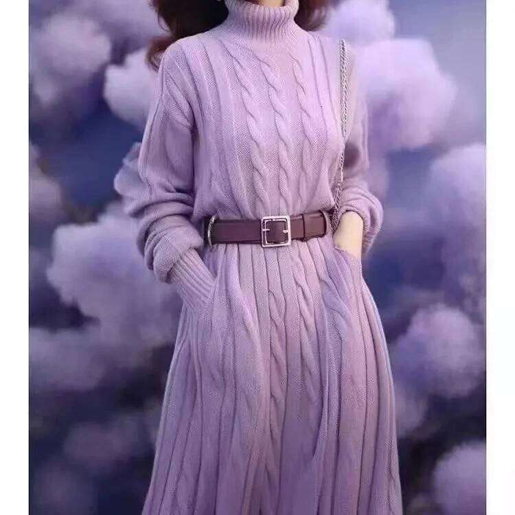 High Collar Strand Knitted Dresses Women's Chic Y2K High-End Sense Medium Wear Sweater Base Long Dress 2025 Autumn Winter New Z260313