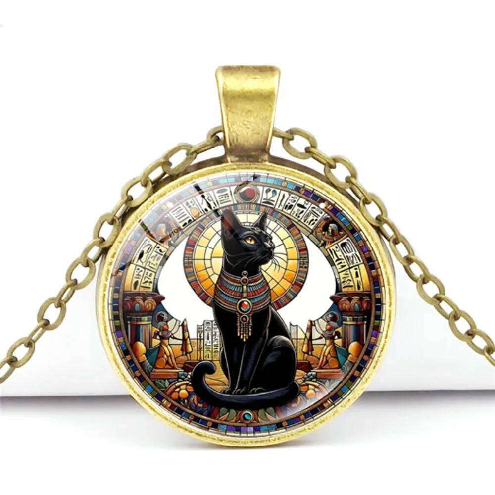 Ancient Egyptian Geometry Circle Buster Cat Time Gemstone Pendant Necklace for Women Retro Sweater Chain Animal Creative Jewelry H260312
