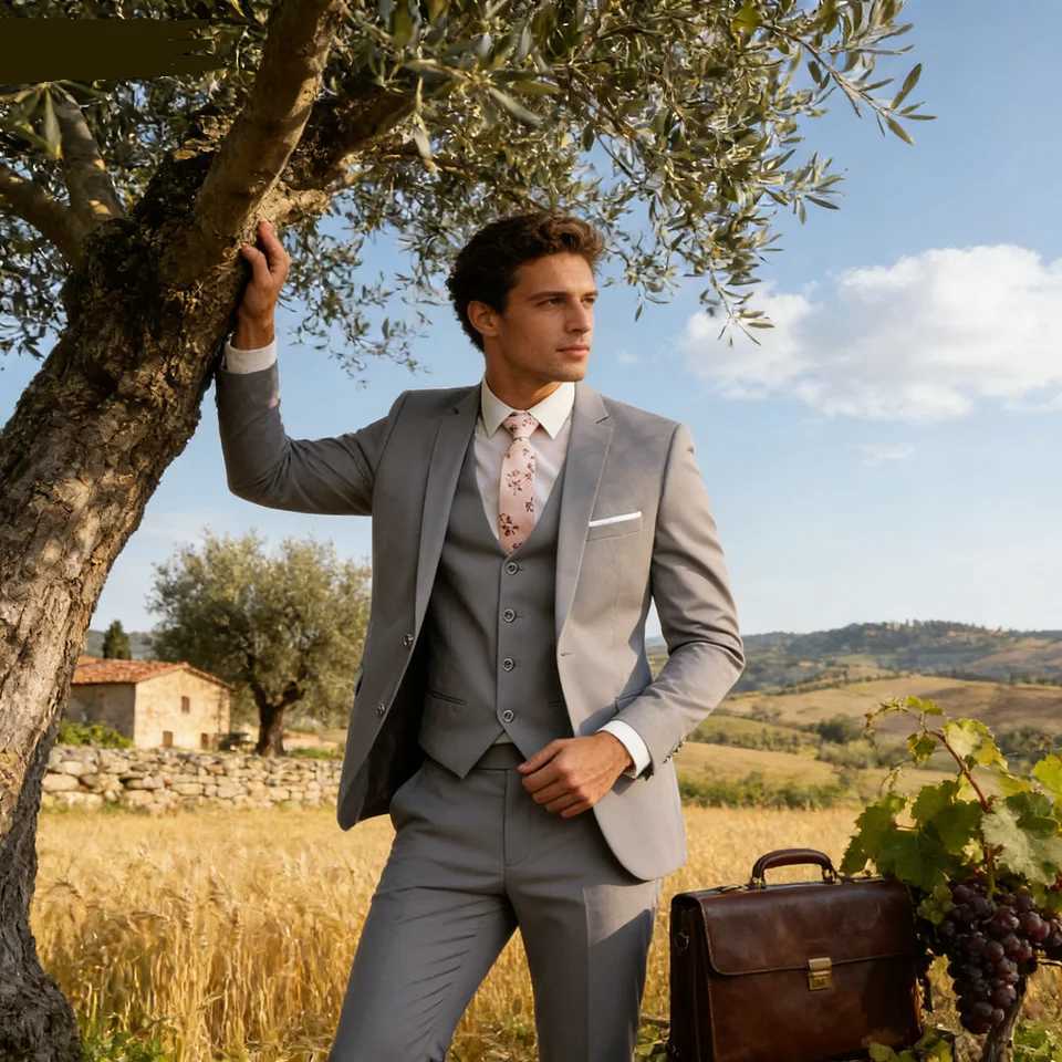 Beige Slim Fit Mens Suit Elegant Wedding 3-Piece Set Notched Lapel High-Quality Ternos Masculinos Jacket And Waistcoat M260313