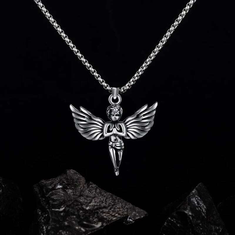 Angel With Feather Wing Pendant Necklace Stainless Steel Retro Punk Fashion Silver Color Hip Hop Rock Neck Jewelry Party Gifts H260312