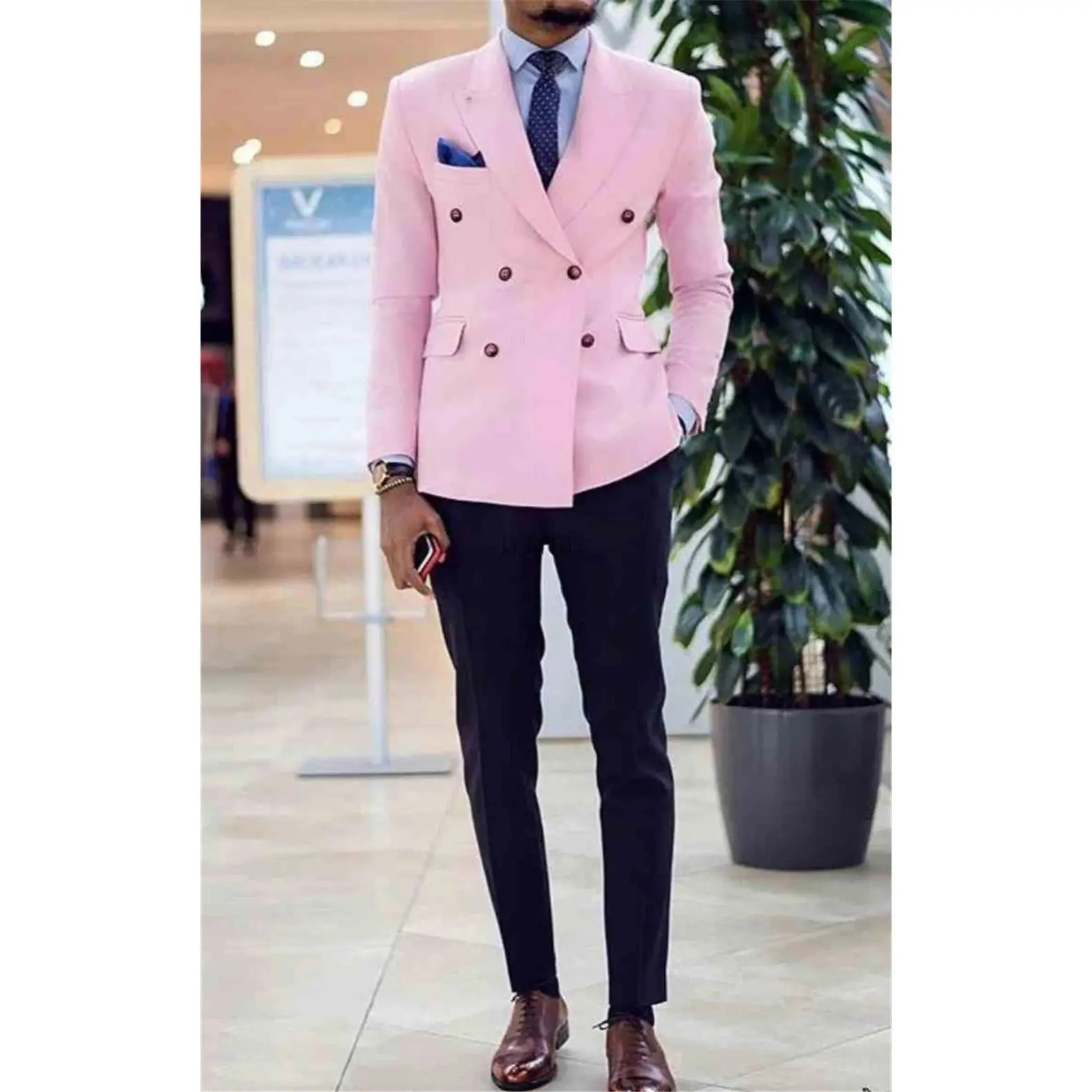 Pink Men Suits Peaked Lapel Double Breasted Prom Slim Fit Tuxedos Groom Wedding for 2 Pieces Suit 260312