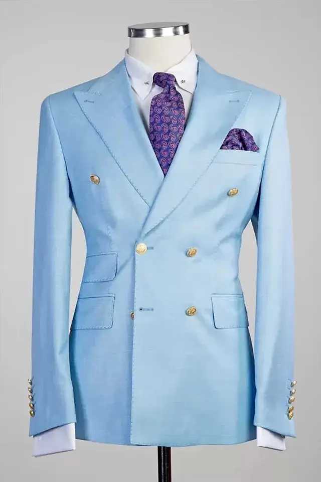 Sky Blue 2024 Wedding Business Blazer for Men Casual Plaid Peak Lapel Suit Jacket Formal Male Fashion Coat for Party Prom M260313