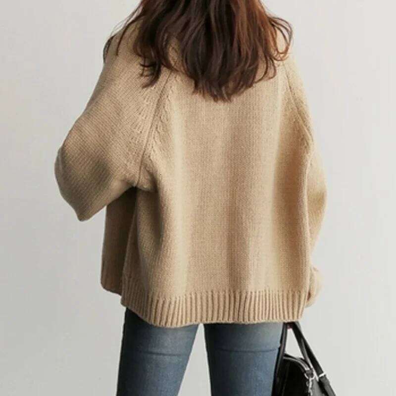 Autumn Fashion V Neck Women Loose Knitted Cardigan Short Sweater Jacket New Casual Office Solid Color Elegant Long Sleeve Coats Z260313