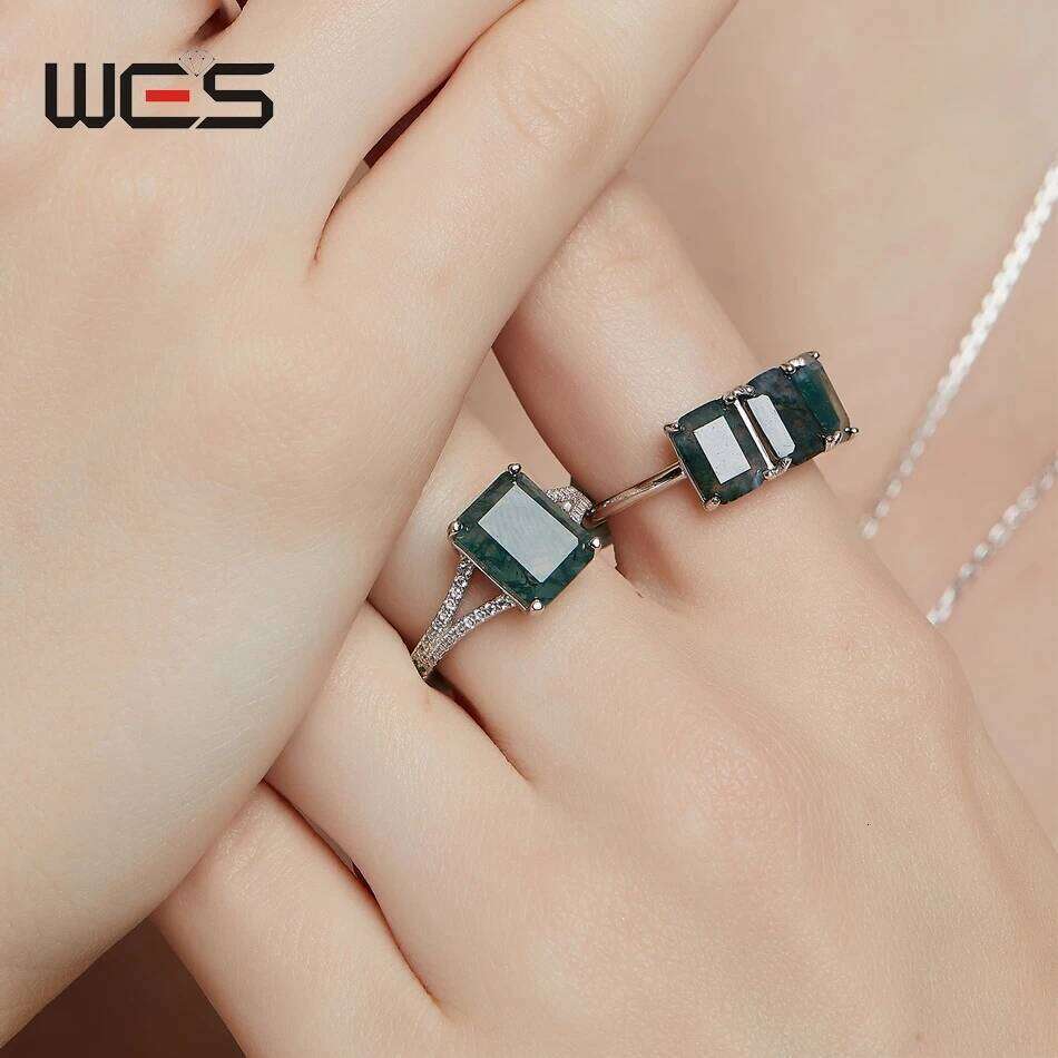 WES 925 Sterling Silver Three Stones Natural 6*8mm Moss Agate Ring for Woman Luxury Jewelry Wedding Party Gift Rhodium Plated H260312