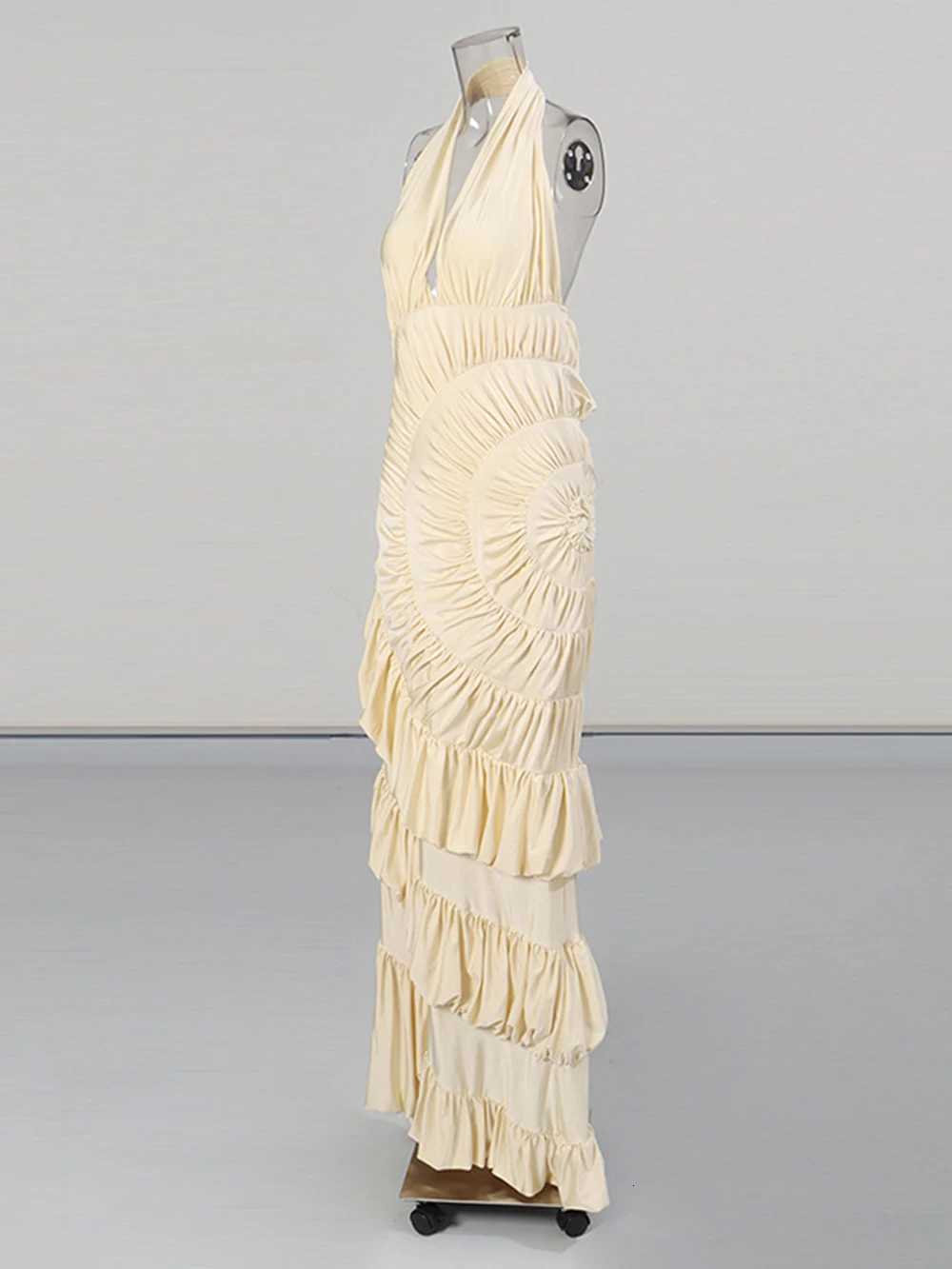 Modphy Elegant Folds Halter Dress Women Solid Off Shoulder Sleeveless Backless Slim Maxi Dresses 2025 New Party Robes LadyT260316