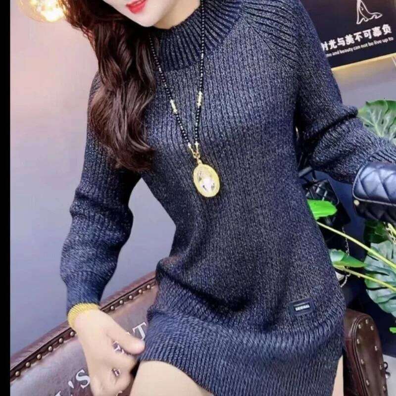 Autumn Winter Women Fashion Bright Silk Split Basic Knitted Sweater Dresses Female O Neck Long Sleeve Slim Pullover Midi Dress Z260313