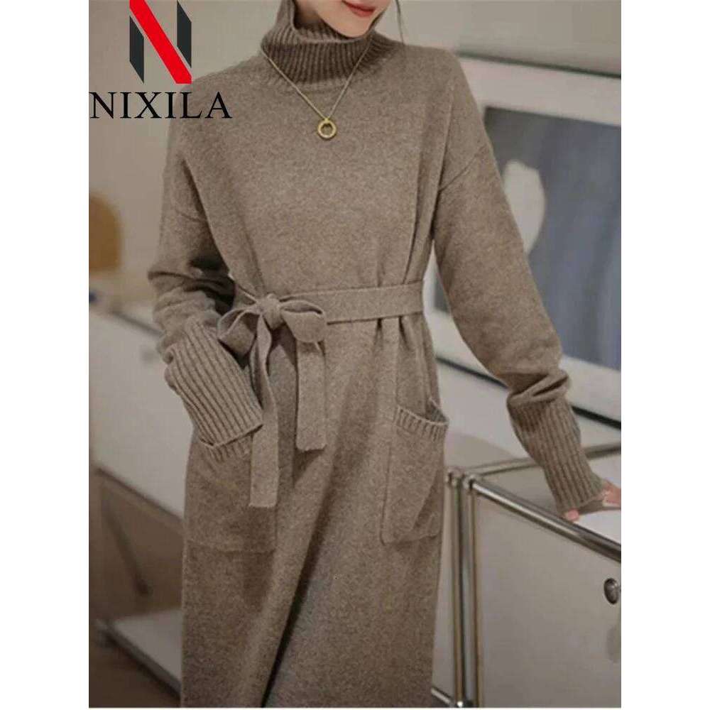 New in Autumn Winter Knitted Fashion Pullover Mid-length Turtleneck Dress Solid Color Pocket Sweater Long Dresses Woman Clothing Z260314