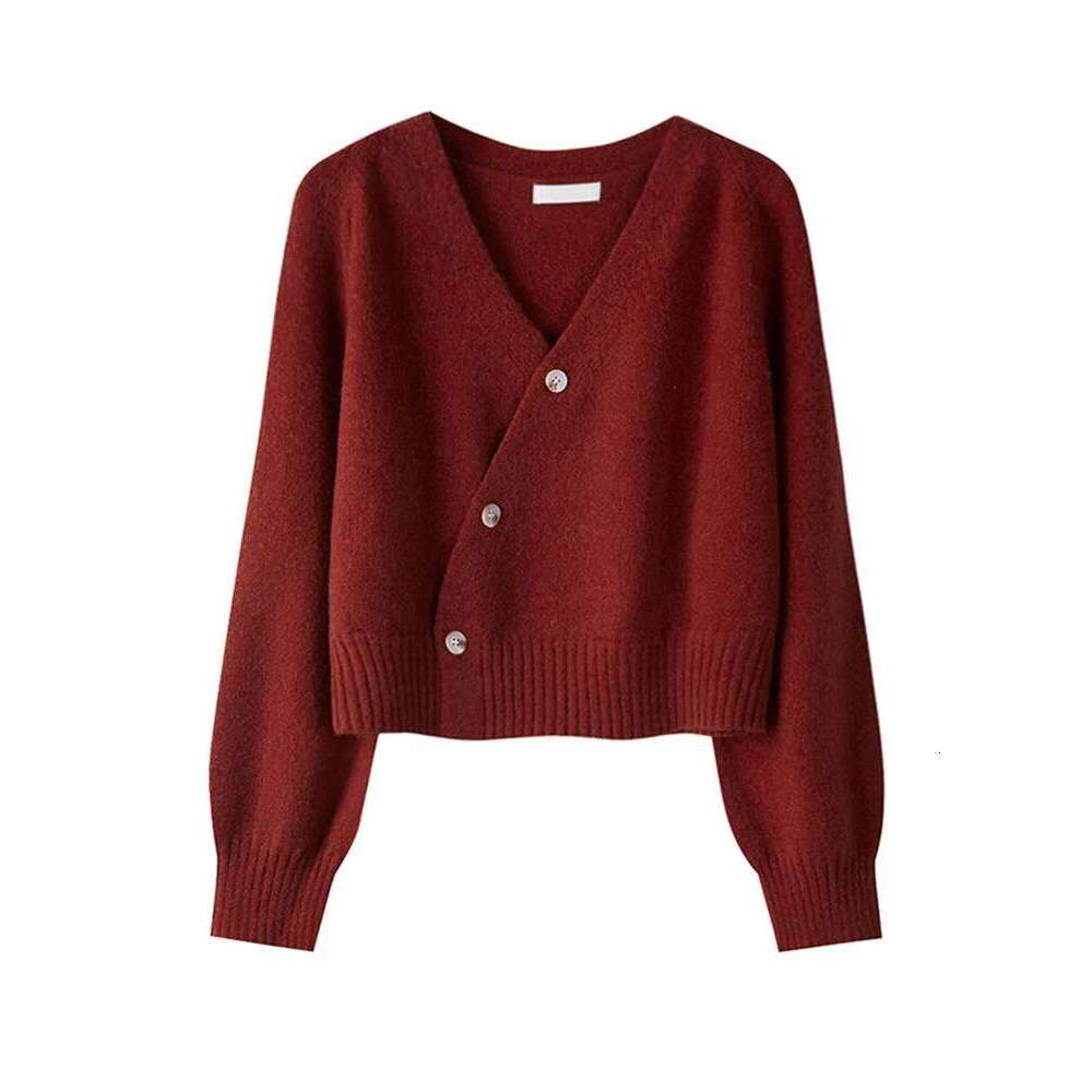 2025 Autumn Winter Skew Button Cardigan V-neck Women Knitted Long Sleeve Tops Korean Loose Solid Cashmere Woman Sweater Z260313