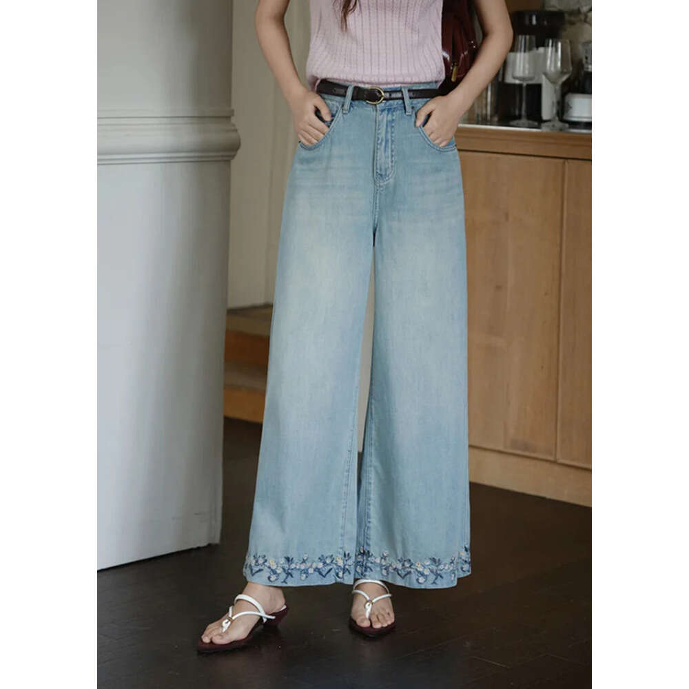 MISHOW Women Flower Embroidery Wide Leg Pants 2025 Summer Office Lady Fashion High Waist Slim Jeans Female Clothing MXE37K0991 Z260313