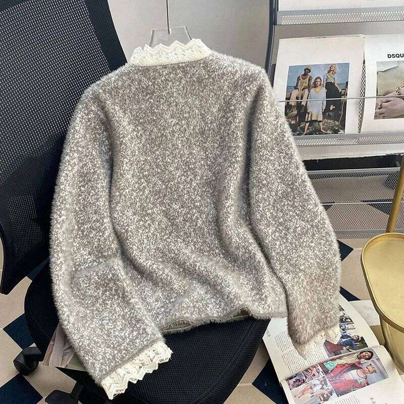 Fashion Elegant Knit Cardigan Women Small Fragrance Lace Patchwork Korean Sweater Vintage Button Imitation Mink Velvet Outwear Z260313