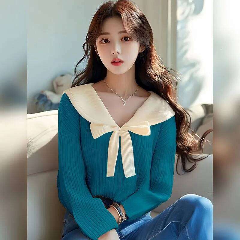 Lapel Bow Soft Sweater Knitted Pullover 2024 Early Autumn New Office Lady Gentle Long-sleeved Versatile Commuter Top Z260313