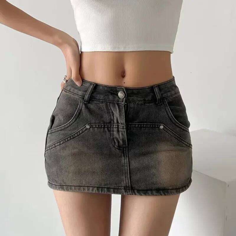 Skirts for Women Sexy Slim Solid Colour Pockets Spliced 2024 Summer Casual Femme High Waist Wrap Hip Mini Short Denim Skirt Z260314