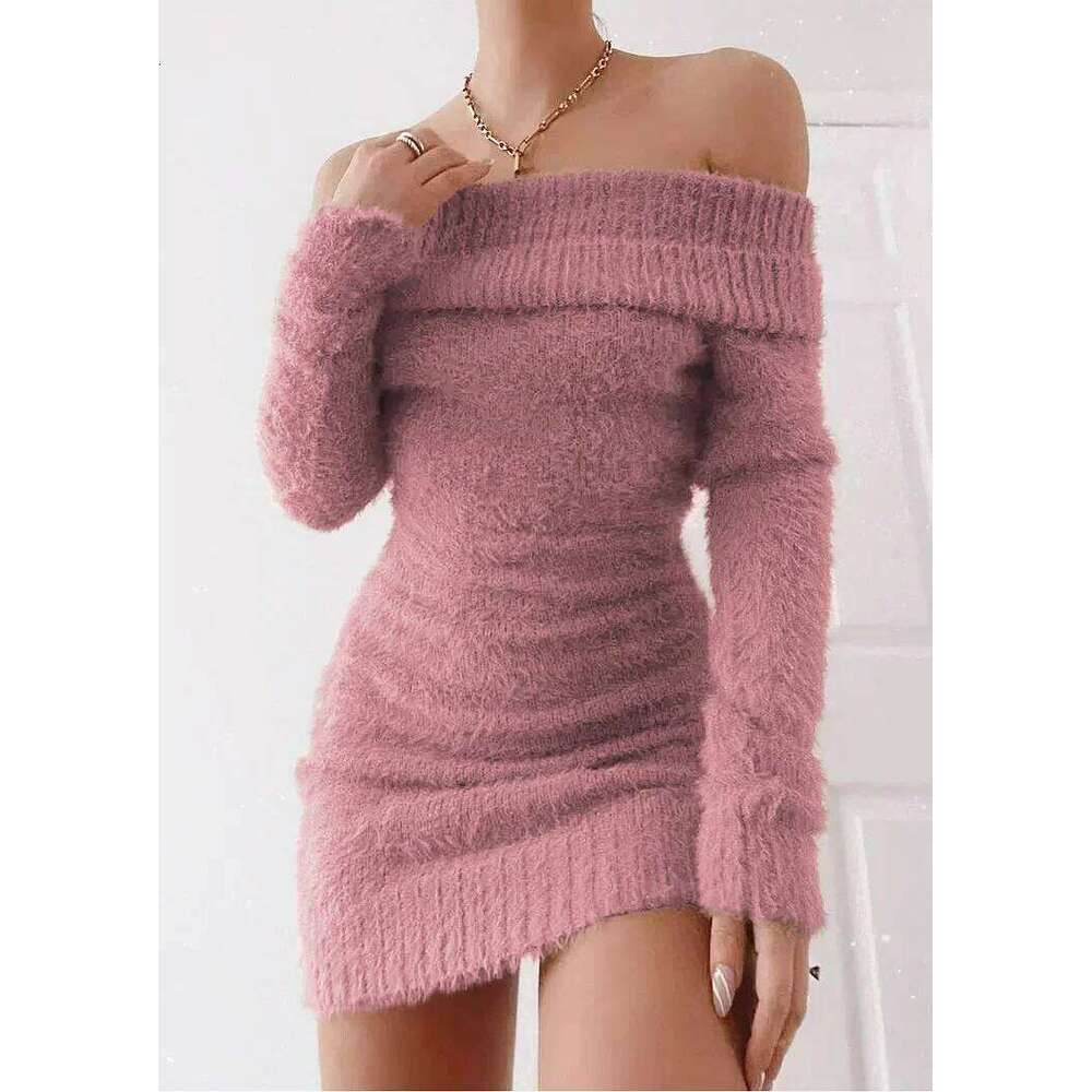 Sexy French Knitted Long Sleeve Pink Y2k Vintage Winter Clothes Slim Knitwear Vestido Off Shoulder Women Sweater Bodycon Dress Z260314