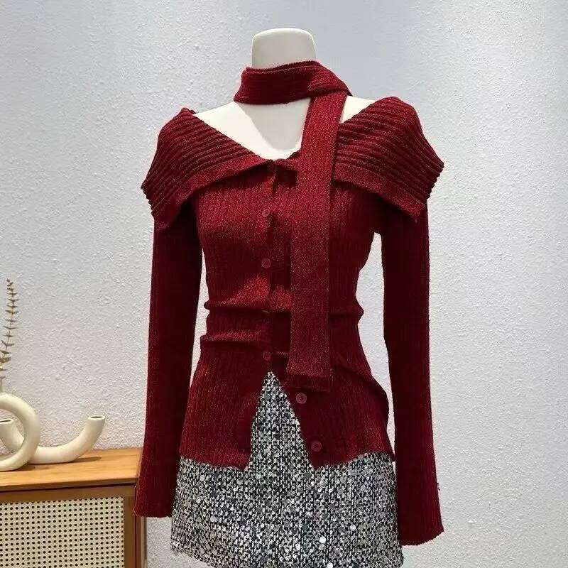 Korean Sweaters Turn-Down Collar Casual Long Sleeve Knitted Jumpers Y2K Vintage Subculture Punk Girl Women Clothing Z260313