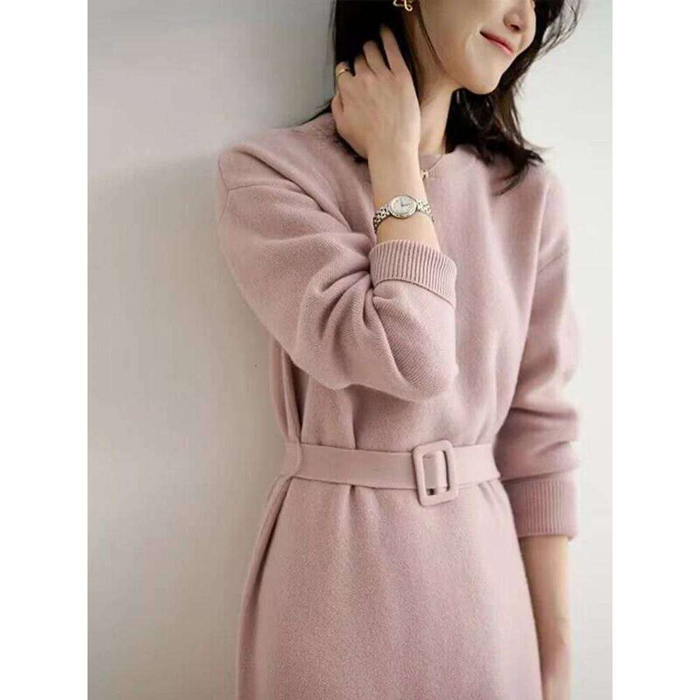 Autumn Winter Knitted 2023 O-Neck Long Sleeve Party Midi Dress for Women Elegant Pink Gray A-line Sweater Dresses Ladies Z260314