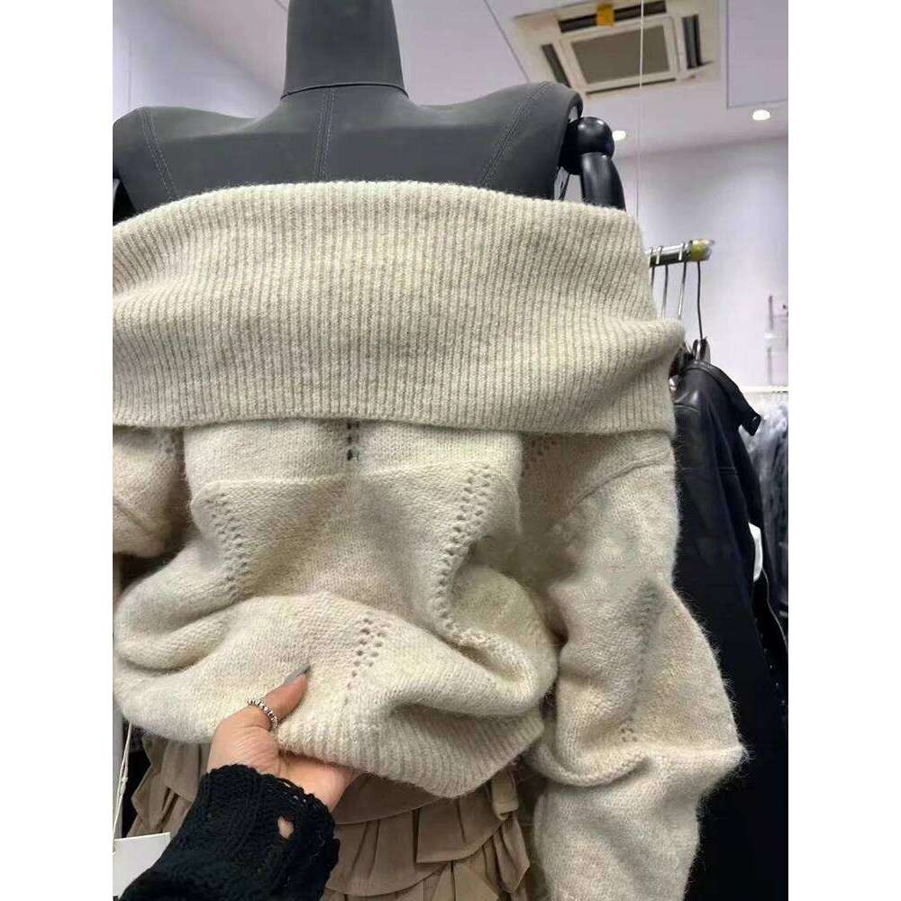 Fashion Slash Neck Knit Sweater Korean Loose Lazy Style Off Shoulder Knitwear Y2K Solid All Match Long Sleeve Female Jumpers Z260313
