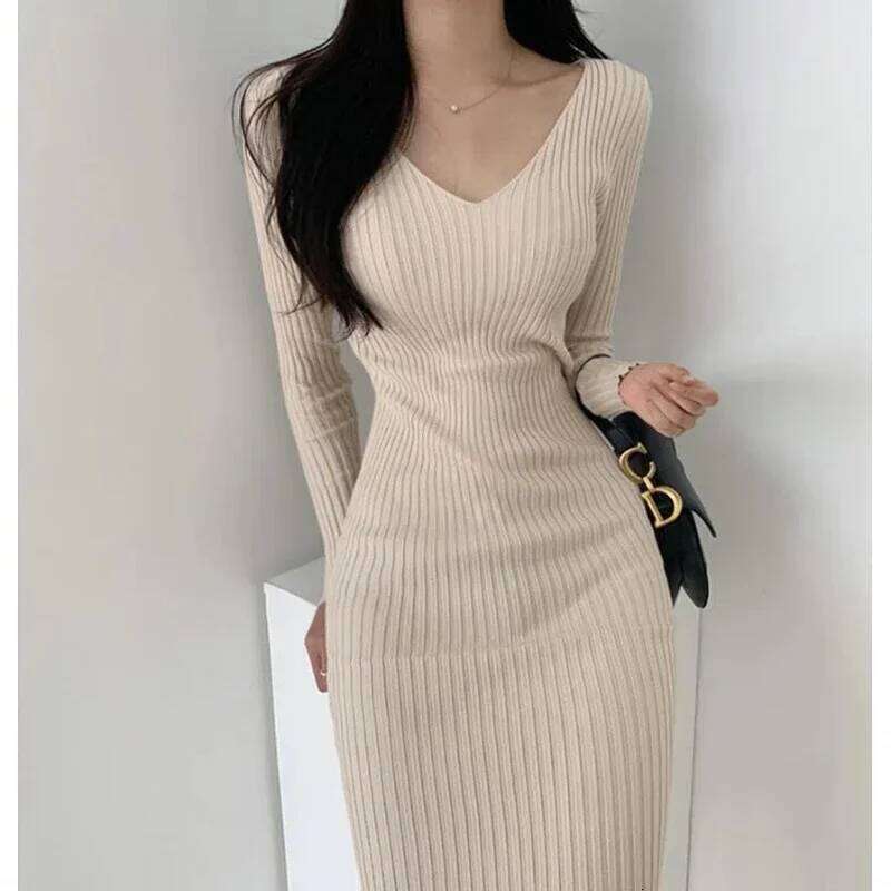 Base Slimming and Versatile Long Skirt Temperament V-neck Slim Knit Dress Women's Z260313
