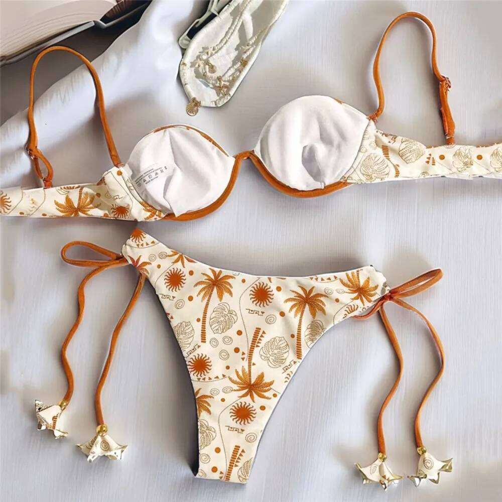 Sun Leaf Print String Shell Bikinis Sets De Mujer 2026 Push Up Sexy Swimsuit Women Summer Bathing Suit Brazilian Biquini Bikini Y260303