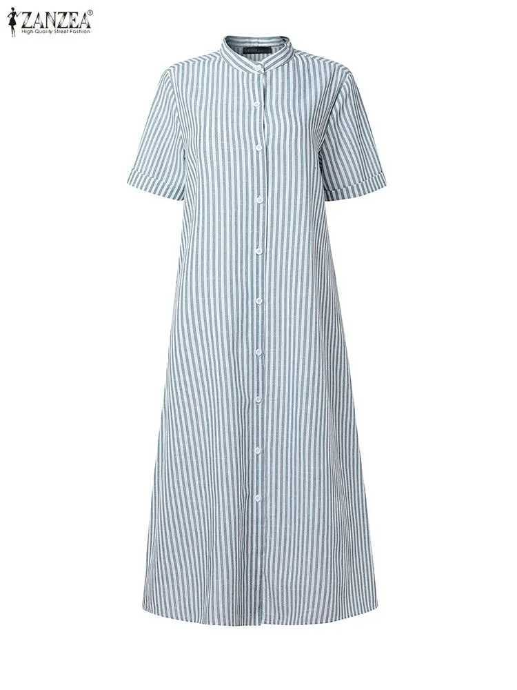 ZANZEA Womens Casual Striped Midi Dresses Stand Collar Short Sleeve Buttons Shirtdress Spring Summer Holiday Woman Clothes 3XLT260314