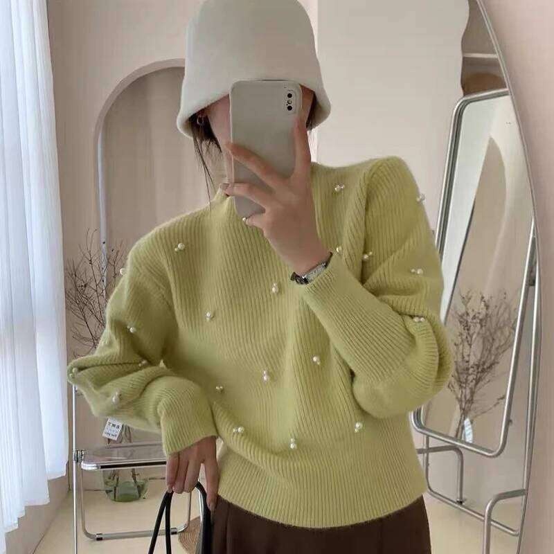 Autumn Winter French Gentle Round Neck Long Sleeve Beads Knitted Sweater For Women Z260314