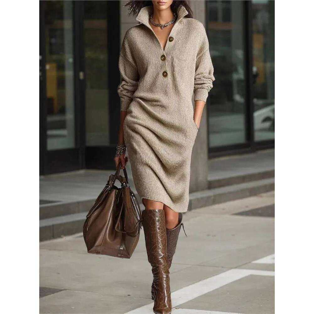 New Autumn Casual Button Loose Straight Knitting Mid-Length Sweater Dresses Women's Fashion Lapel Long Sleeve Pocket Party Dress Z260314