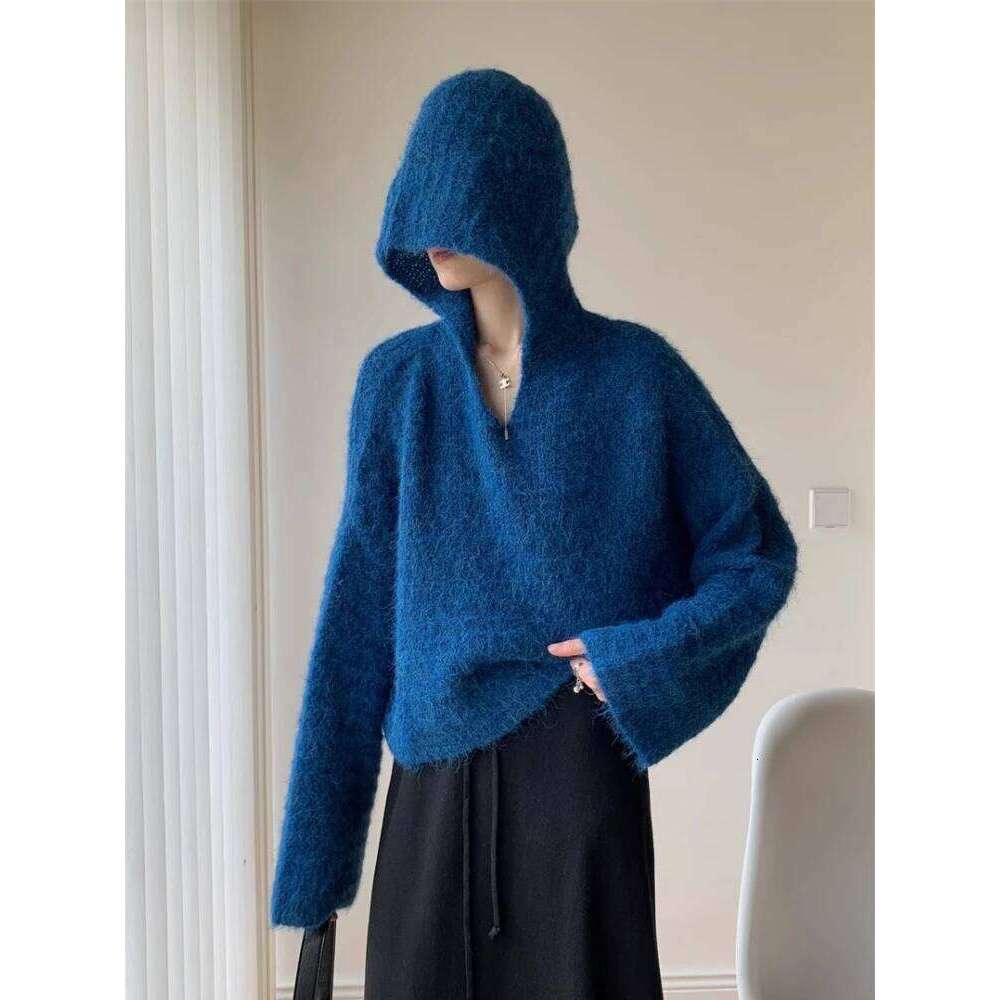 Korean Grey Lazy Style Hooded Knitted Sweater 2025 Autumn Winter Simple Casual Loose Pullovers Pure Color Versatile Tops Z260313