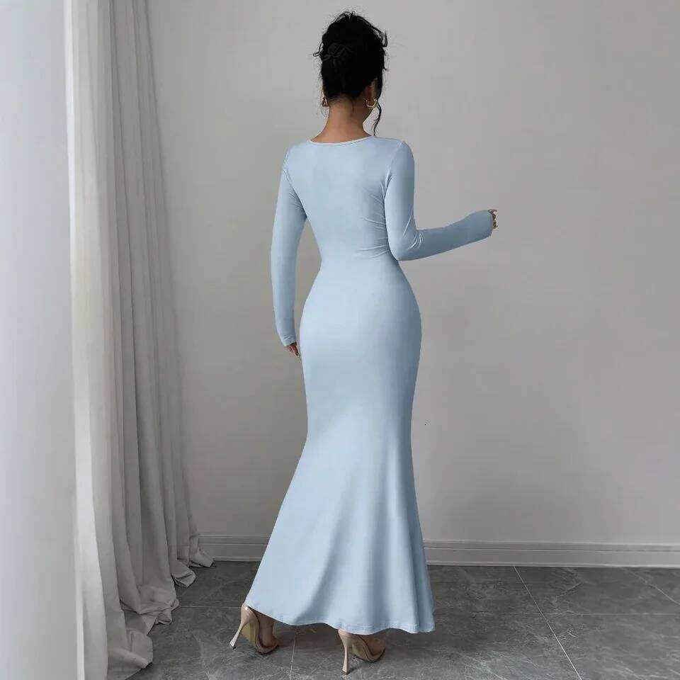 Elegant Long Sleeve Fish Tail Dress Women's Fashionable Slim Fit Sexy Gown Full Length Ankle Skirt Regular Waistline