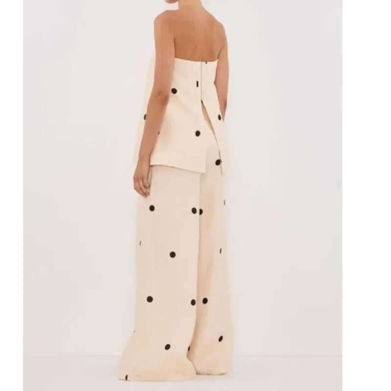 Women Fashion Backless Polka Dot Tops Pants Sets Loose Strapless Back Split Vest Pocket Wide Leg Pant 2025 Lady Vacation Outfits M260313