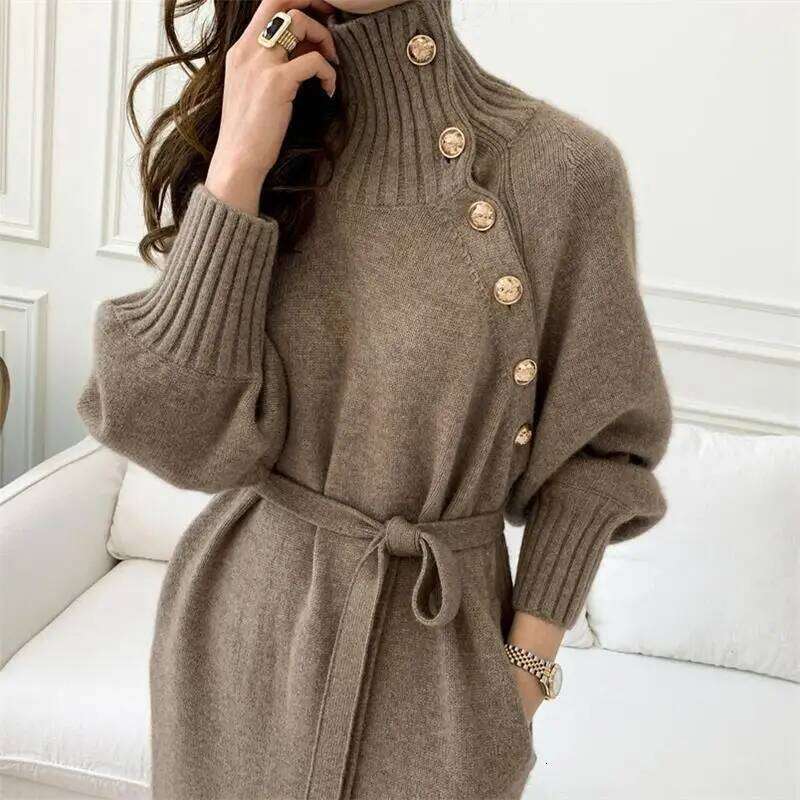 Vintage Chic Dresses Autumn Winter Women Solid Turtleneck Button Bandage Fashion Long Sleeve Loose Loog Straight Knitted Dress Z260314