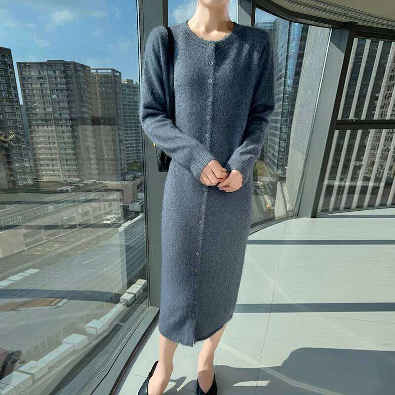 Fall/Winter 2025 Loose New Mink Cashmere Lapel Long Dress Knitted Plus Size Sweater Z260313