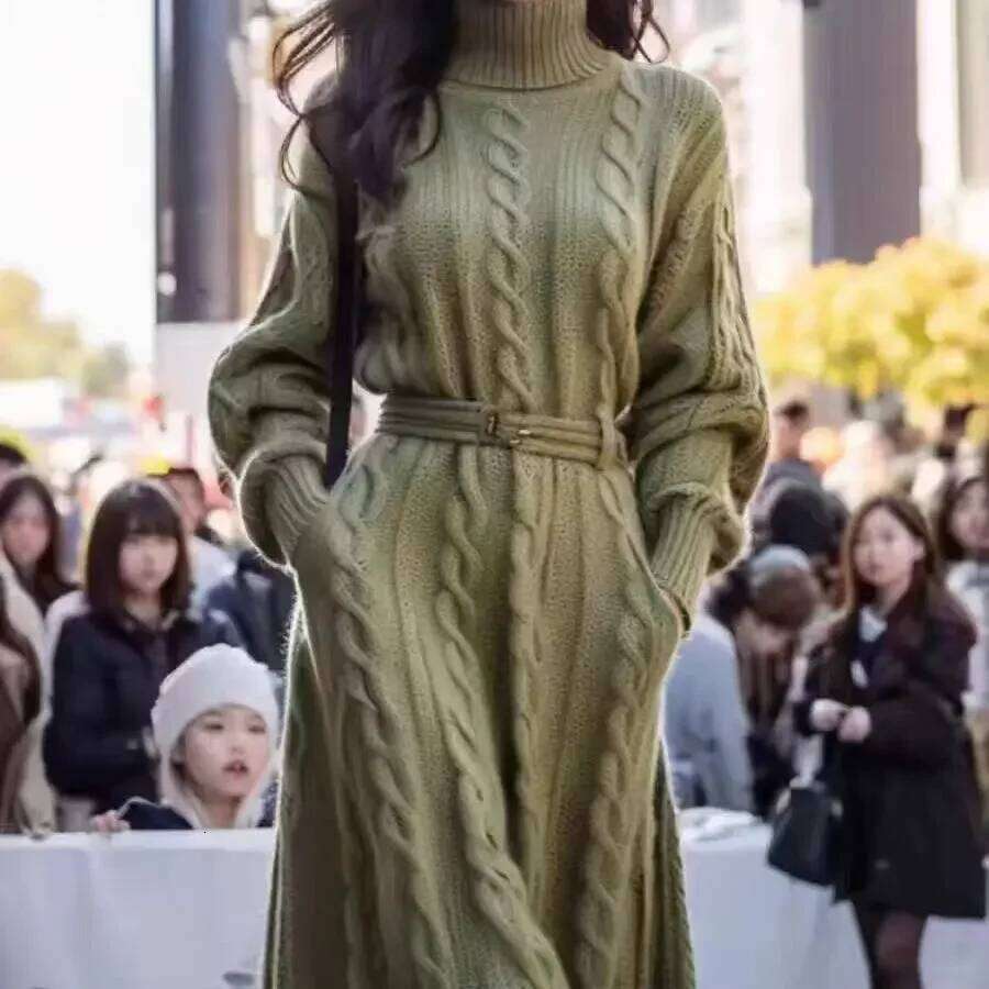High Collar Strand Knitted Dresses Women's Chic Y2K High-End Sense Medium Wear Sweater Base Long Dress 2025 Autumn Winter New Z260313