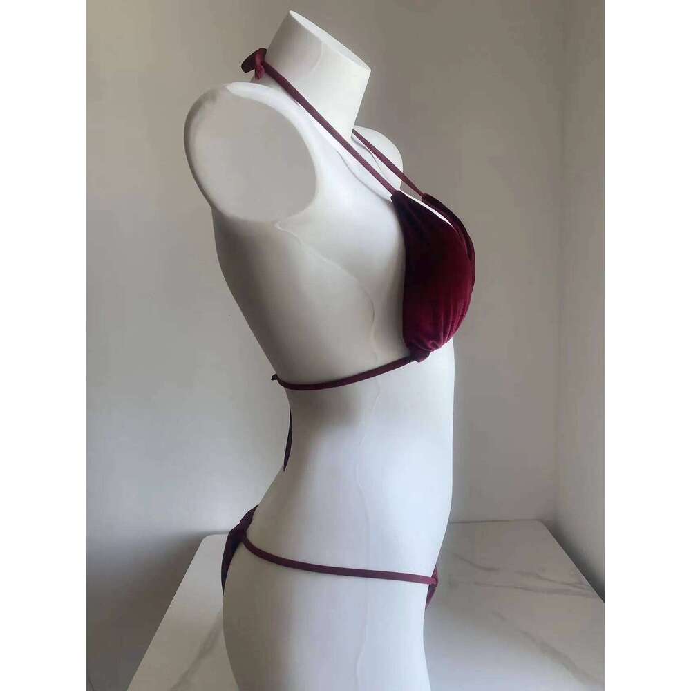 Velvet Bikini Thong Halter Strappy Swimsuit Classic Swimwear Two Piece Women 2024 Beach Outfit Triangle Bikinis Set Bathing Suit Y260303