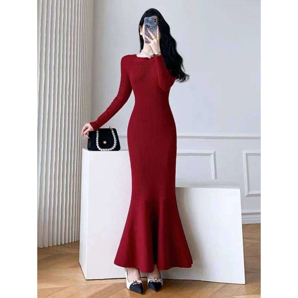 Fishtail Crochet Dresses for Women Clearance Sale Casual Korean Trend Comfortable High Quality Cool Y2k Red Woman Knitted Dress Z260313