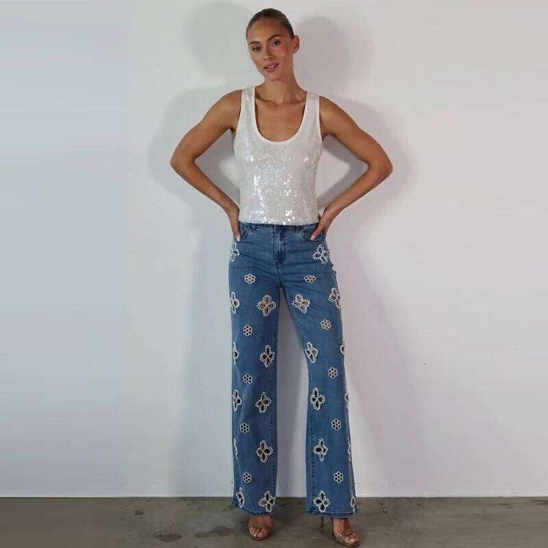 Pearl Flower Herringbone Denim Trousers Blue Straight Leg Women's Jeans For Women Fashion Summer Woman Pants 2025 Z260313