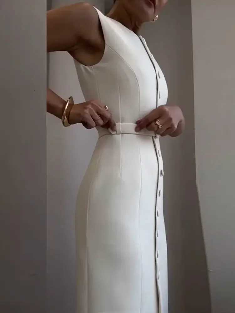 Summer New Elegant Single Breasted Tank Dress Women Belts Sleeveless O-neck Slim Dresses Commute Street Split Lady VestidosT260314