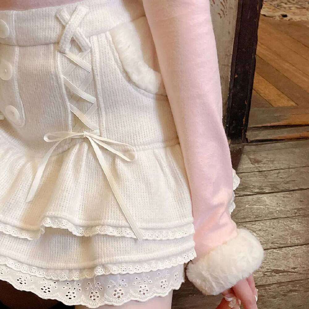 Japanese lolita kawaii clothes pink mini with shorts Lace High Waist korean style women 2025 new fall White skirt fluffy Z260314