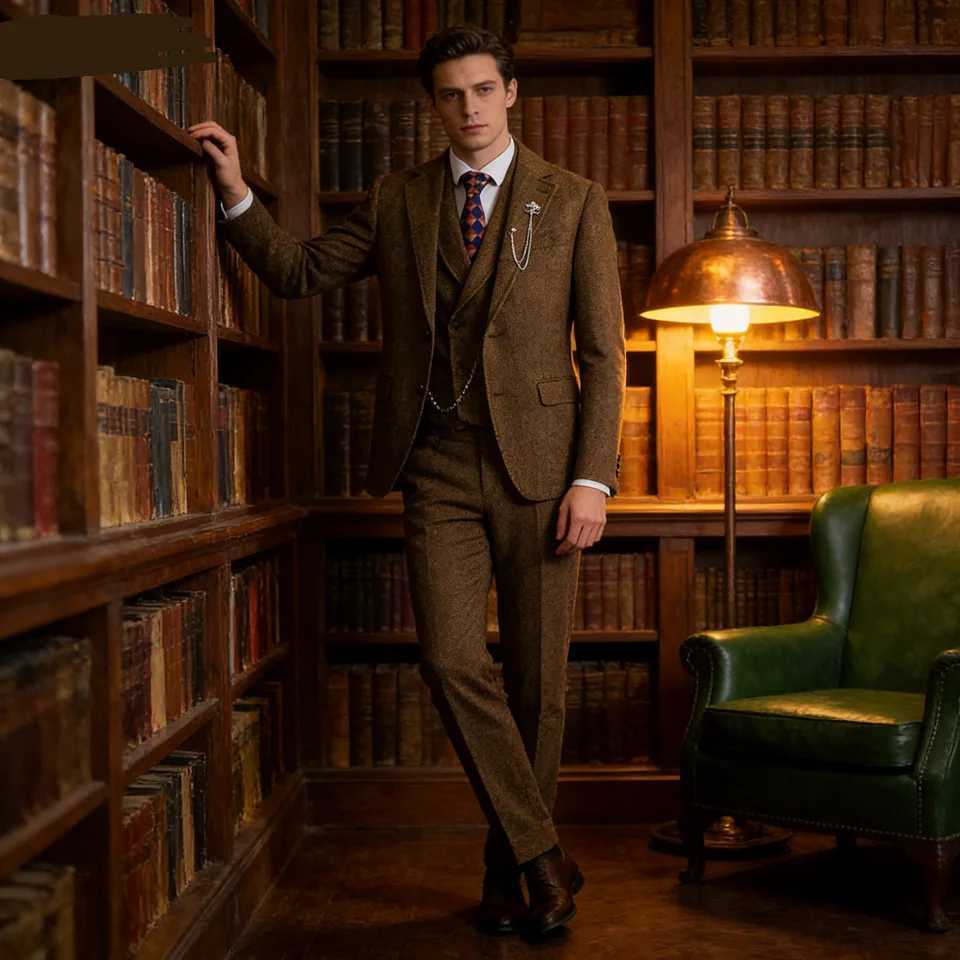 Mens Tweed Spine Trench Coat Wedding Suit Casual Style 3-Piece Mens Fashion Terno De Espinha Transversal M260313
