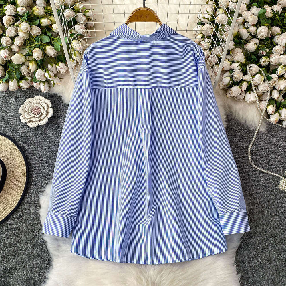 2026 Spring and Summer Korean Style Designer 3D Flower Collar Women's Long Sleeve Shirt Summer Striped Loose Top