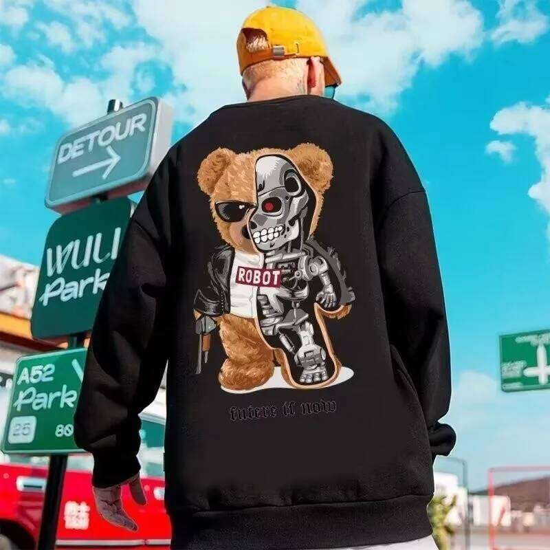 M-8XL Autumn Men Oversized Fashion Loose Steel Muppet Bear Print Sweatshirts Long Sleeve Plus Velvet Couple Clothes Z260314