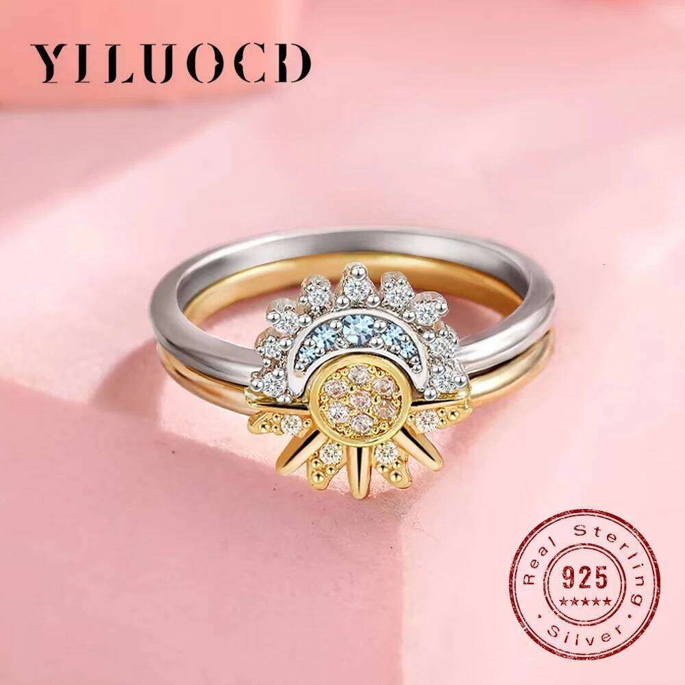 YILUOCD 925 Sterling Silver Sun and Moon Ring Set for Women Sparkling Cubic Zirconia Stackable Rings Promise Couple Fine Jewelry H260312