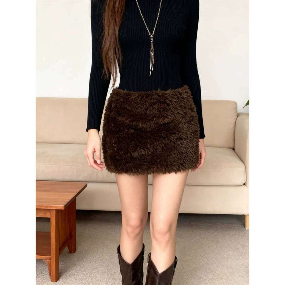 Women's Plush Furry Retro Skirts Low Waist Bodycon Mini Skirt for Party Club Chic Streetwear Z260314