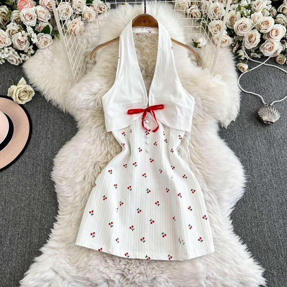 Designer's sweet and spicy deep V-back printed waist cinching women's age reducing dress with pure A12 desire style and sexy slimming A-line