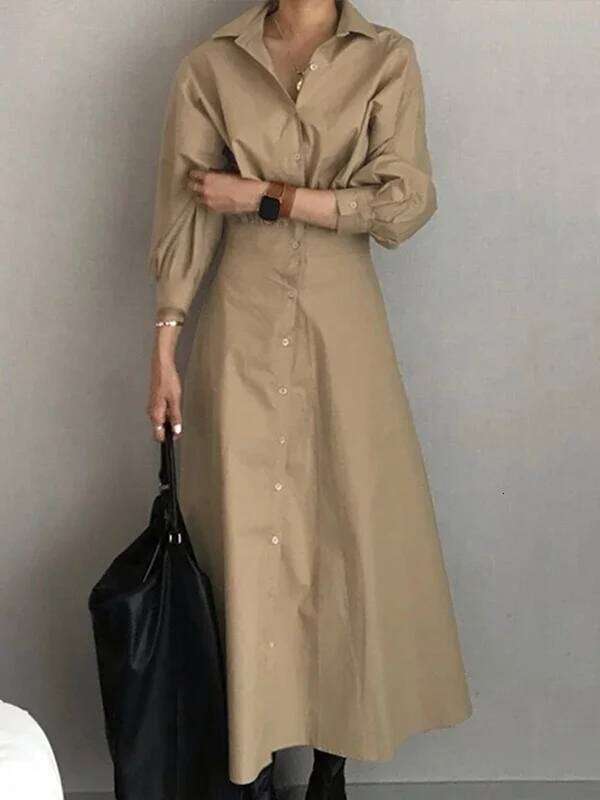 Modigirl Casual Long Shirts 2025 Summer Spring Clothes Khaki Puff Sleeves Botton Simple Maxi Dresses for Women Z260314