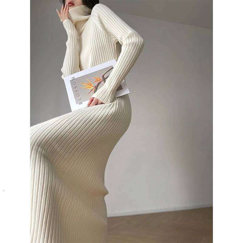 MEXZT Elegant Black Knitted Midi Dress Women Fashion Turtleneck Sweater Dresses Winter Korean Long Sleeve Bodycon Vestidos New Z260313