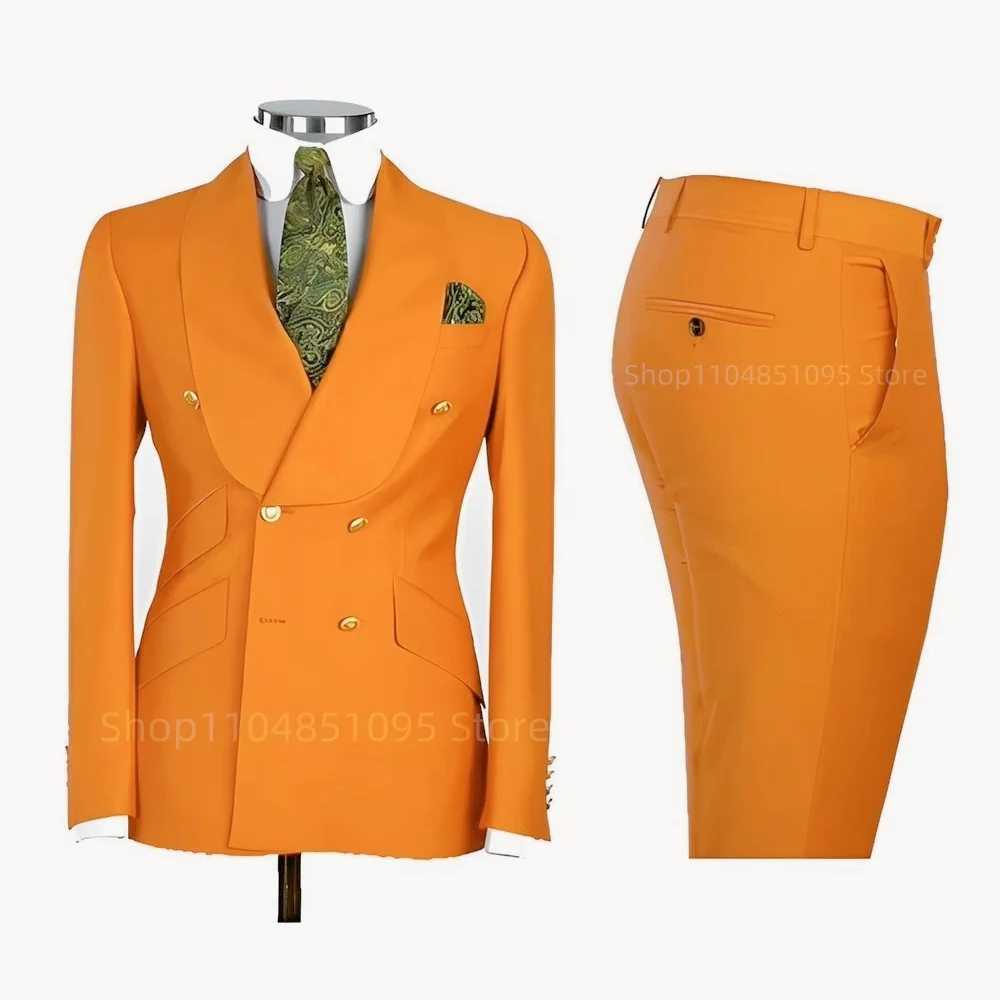 2 PCS Mens Smart Casual Solid Formal Tuxedo Suits with Shawl Lapel Double Breasted Jacket And Pants for Business And Wedding M260313