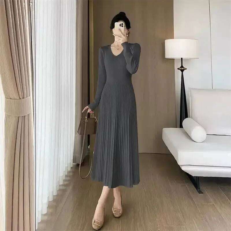 Knitted Dress with Coat Women in Autumn Winter Ladylike High-end Waist-cinching Long Skirt Z260314