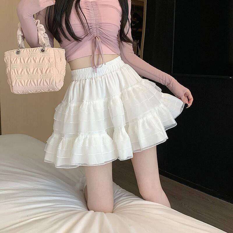 A-line White Lace Cake Mini Skirt Ballet Syle Mesh Ball Gown Short Dress Women New In Clothes Sweet Korean Casual Black Fashion Z260314