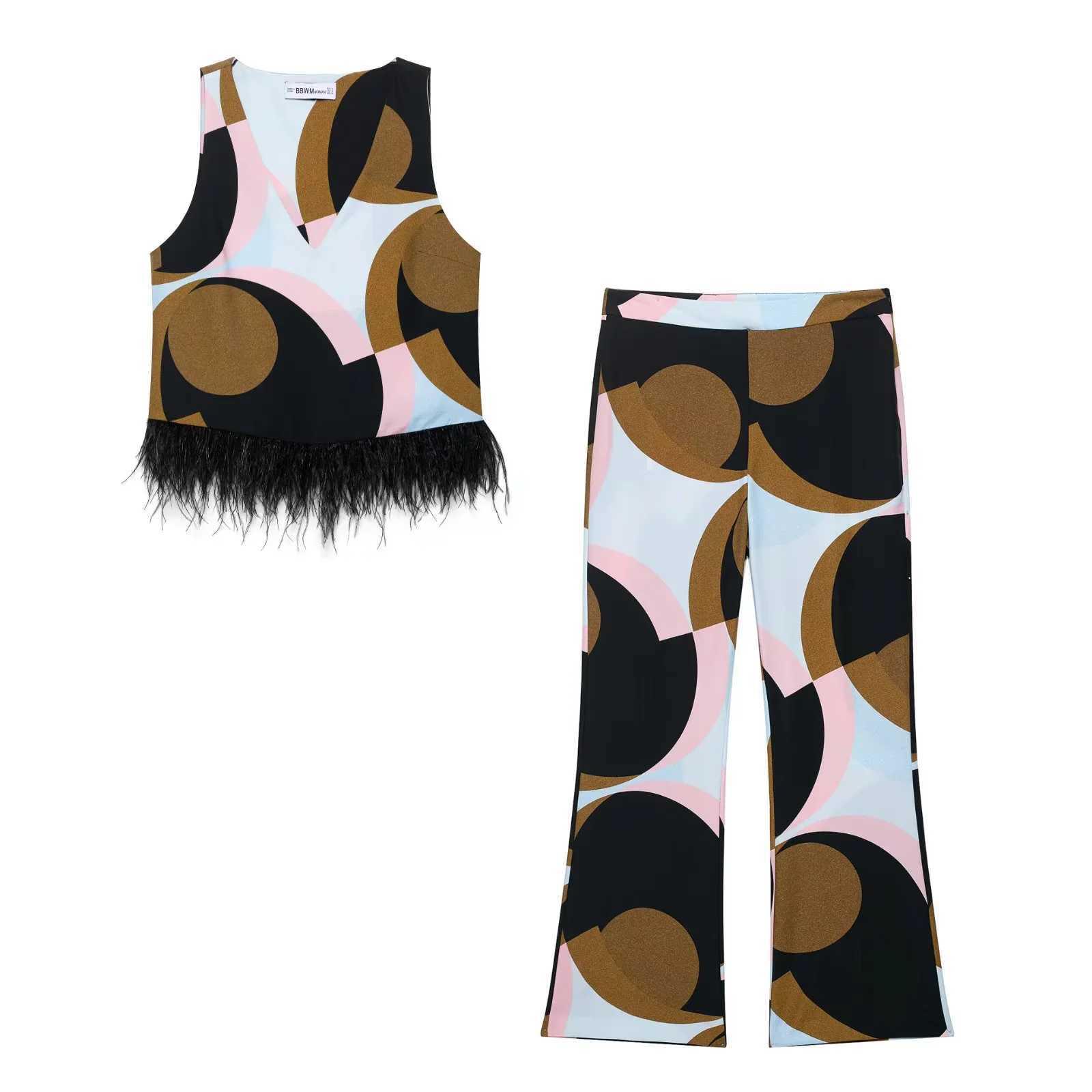 Geometric Print Patchwork Vest Pants Sets For Women 2 Piece Feather Decoration V-Neck Tank Tops Suits Casual Woman Outfits M260313